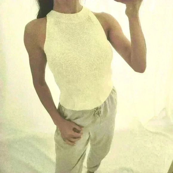 Aritzia Wilfred free knit cream neutral sleeveless mockneck crop top sweater - Picture 1 of 8